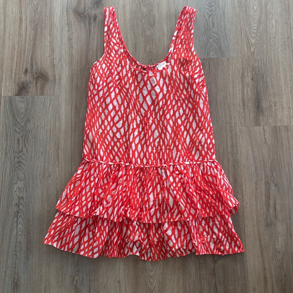 Milly Cabana Orange and white print strapless lightweight ruffled dress